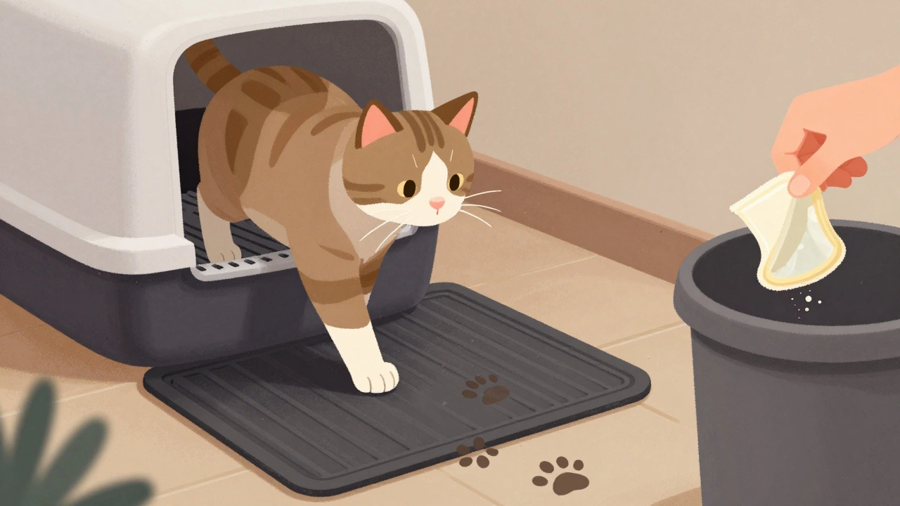 A cat stepping out of a litter box onto a mat, with a hand disposing of a used condom