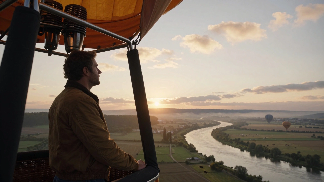 A pilot at the burner during a sunrise balloon flight over vineyards and stone farmhouses in Toulouse.