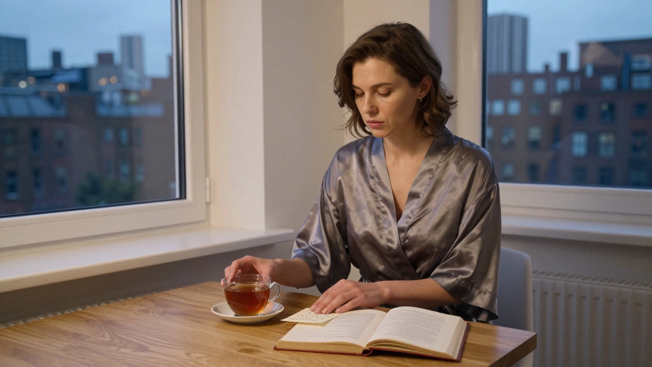 A Russian companion leaving a handwritten note beside tea and poetry in a serene London apartment.