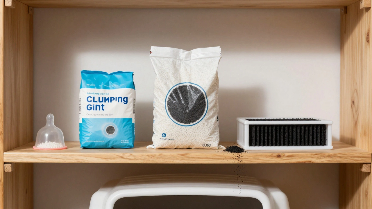 Hygiene tools for cat care arranged on a wooden shelf