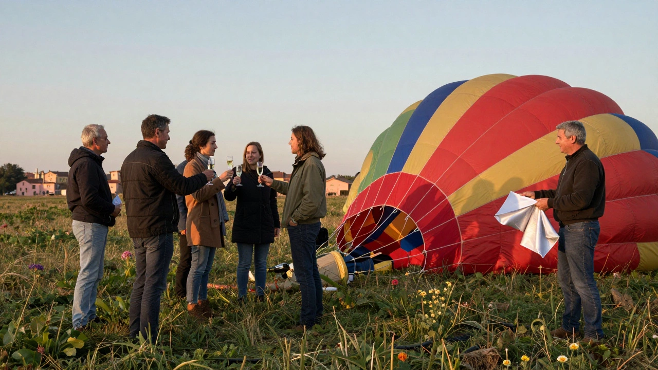 Passengers celebrating with champagne after a balloon landing in a sunlit field near Toulouse.